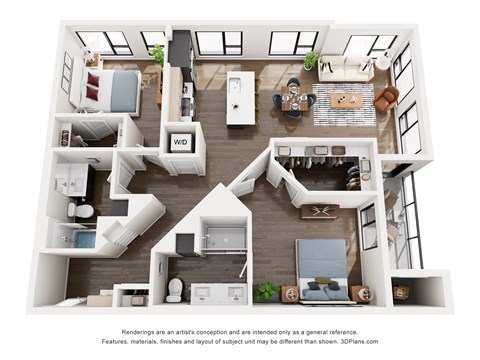Floor plan for 2 beds, 2 baths, 1240 sqft
